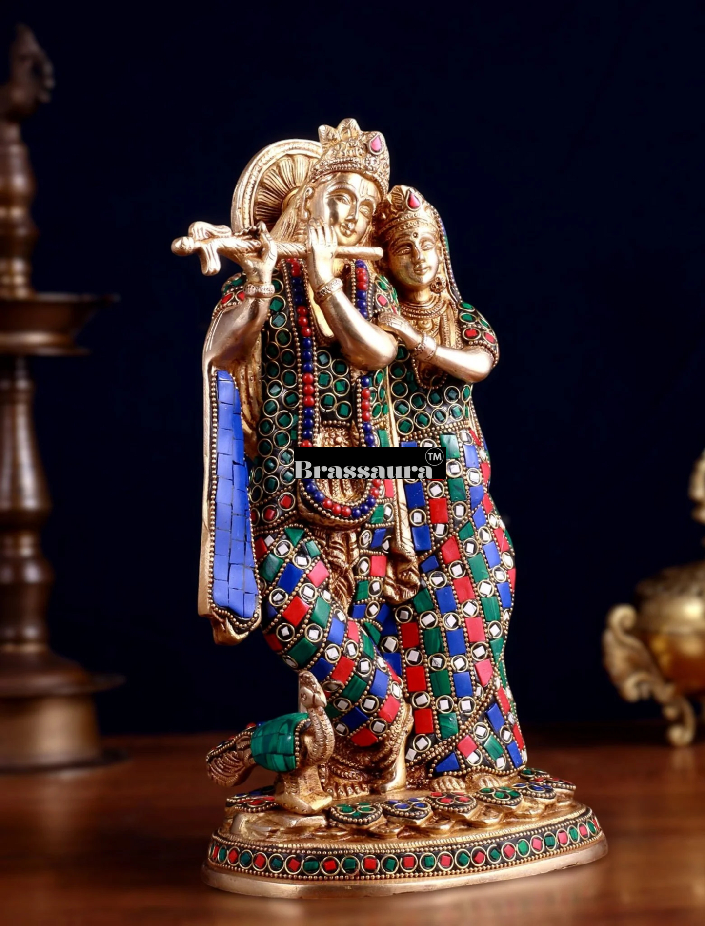 Brassaura™ Brass Radha Krishna Idol with Meenakari – Height 12 Inches & Weight 4 Kgs | Elegant Devotional Statue