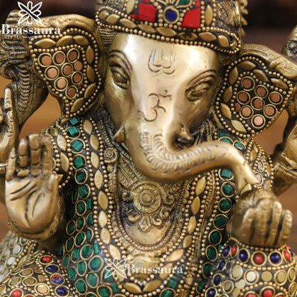 Brass Gem Stone Work Ganesha Weight 3.88 Kg & Height 7.5 Inch