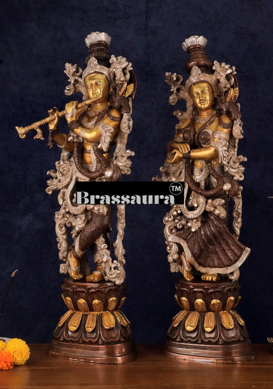 Brassaura™ Antique Brass Radha Krishna Statue – Height 30 Inches & Weight 33 Kgs | Handcrafted Three-Tone Finish