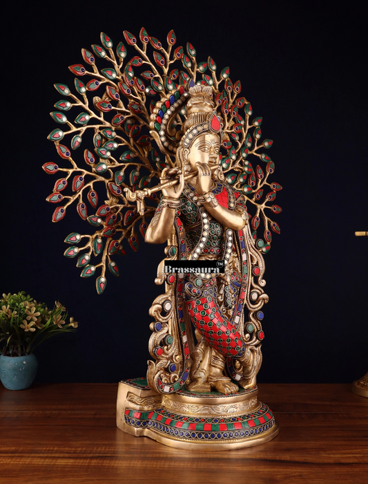 Brassaura® Lord Krishna Under Kalpavriksha Tree Idol with Multicolor Stonework | Pure Superfine Brass Handcrafted Murti | Brass Statue for Home Temple, Pooja Room, Spiritual Décor & Luxury Gifting | Height 23 Inches | Weight 14.5 Kg
