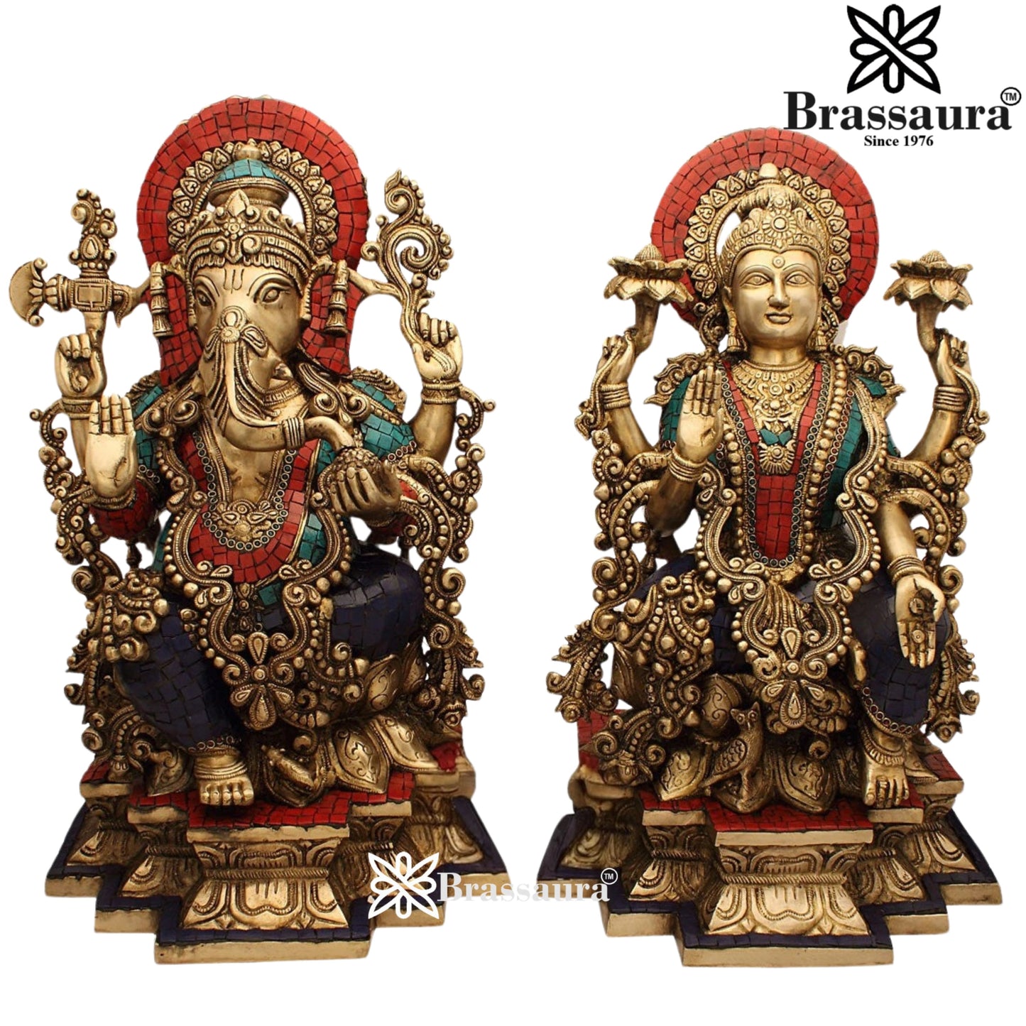 Brass Gem Stone Work Lakshmi Ganesh Weight 38 Kg & Height 19 Inch