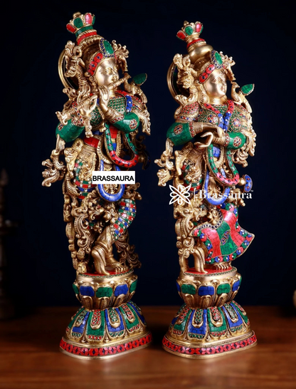 Brassaura™ Handcrafted Brass Radha Krishna Idol Pair with Meenakari – Height 29.5 & 29 Inches & Weight 33 Kgs | Elegant Devotional Statue