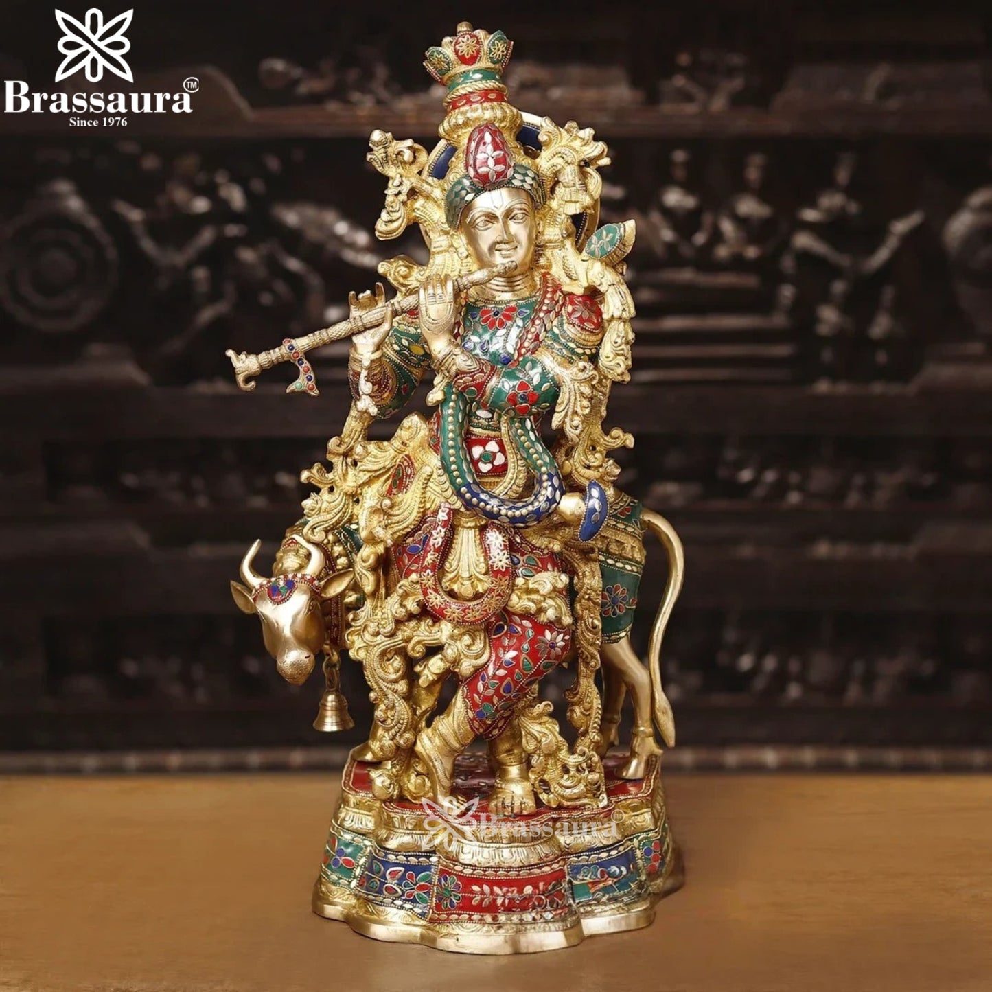 Brass Gem Stone Work Cow Krishna Murti Weight 23.77 Kg And Height 26 Inch