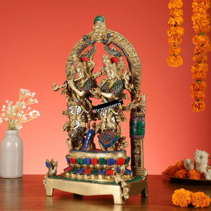 Brassaura™ Brass Radha Krishna Idol Pair with Peacocks & Prabhavali – Height 17.5 Inches & Weight 10 Kgs | Divine Devotional Statue