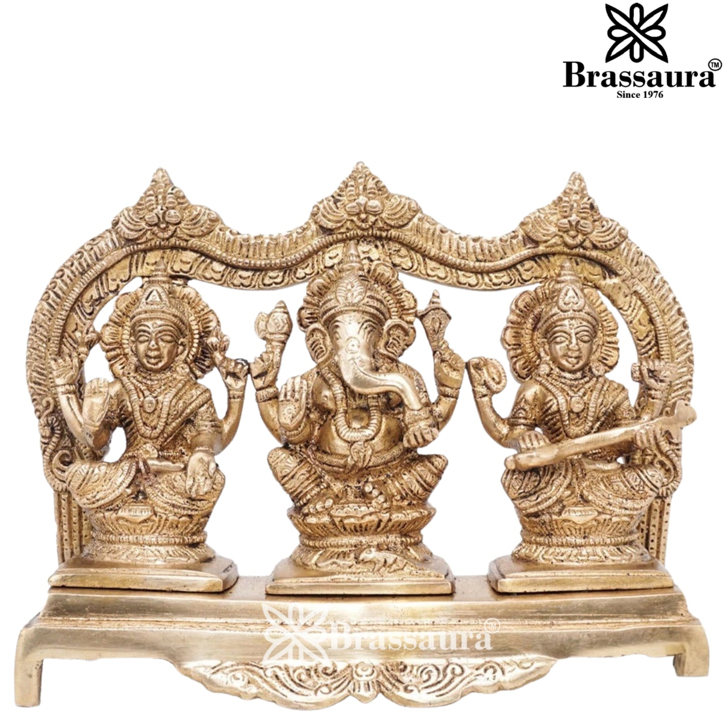 Brassaura™ Artistic Brass Laxmi Ganesha Saraswati Idol – Height 7 Inches & Weight 3.8 Kgs | Spiritual Home Décor