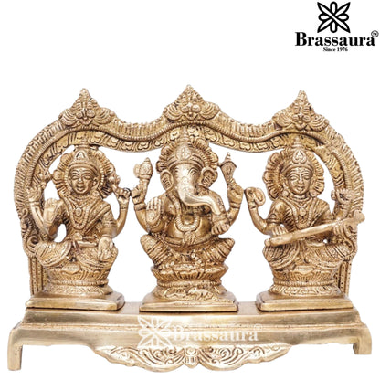 Brassaura™ Artistic Brass Laxmi Ganesha Saraswati Idol – Height 7 Inches & Weight 3.8 Kgs | Spiritual Home Décor