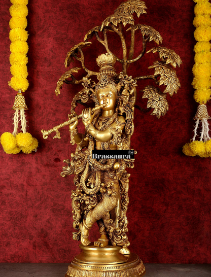 Brassaura™ Superfine Brass Krishna under Tree Sculpture – Height 35 Inches & Weight 32 Kgs