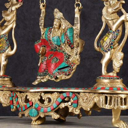 Brassaura™ Brass Radha Krishna on Swing with Natural Stones & Brass Rings – Height 18 Inches & Weight 8 Kgs | Elegant Devotional Statue
