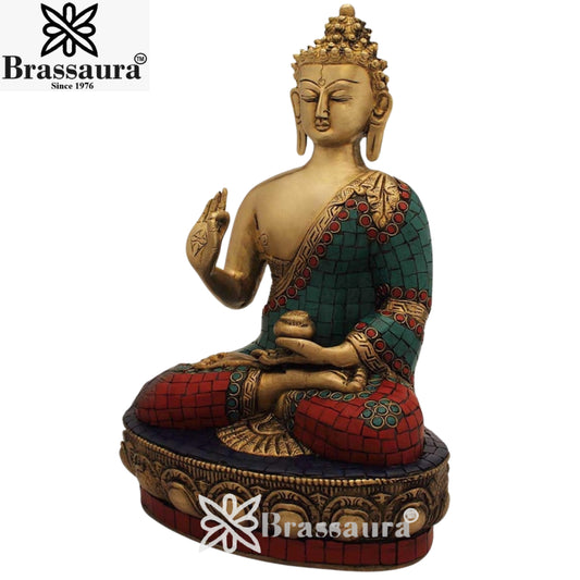Brassaura® Vintage Buddha Idol for Home & Décor | Pure Superfine Brass Handcrafted Murti, Brass Statue for Home Temple, Pooja Room | Height 12 Inches | Weight 5.6 Kg