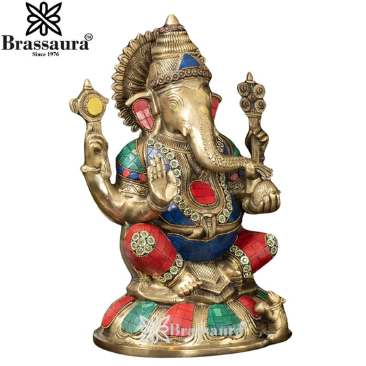 Brassaura Brass Gem Stone Work Ganesha Idol | Height 13.75 Inches