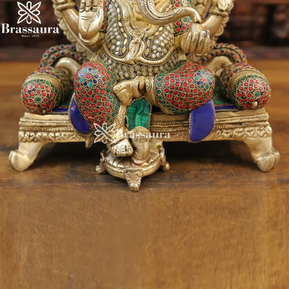 Brass Gem Stone Work Standing Ganesha Weight 14.54 Kg & Height 18 Inch