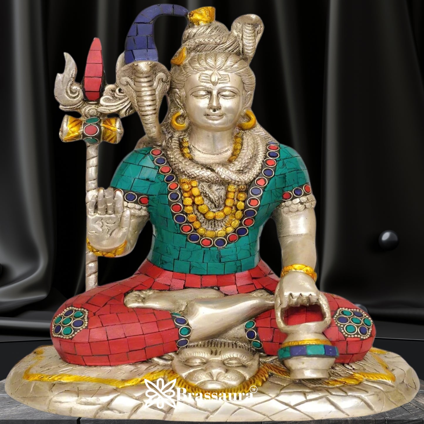 Brassaura™ Brass Gemstone Work Lord Shiva Idol – 10 Inches & Weight 4 Kgs | Divine Home Décor