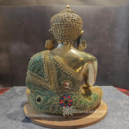 Brass Bhumisprasa Gem Stone Work Buddha Weight 10.5 kg & Height 16 Inch