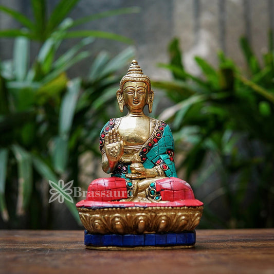 Brass Blessing Gem Stone Work Buddha Weight 1 kg & Height 7 Inch