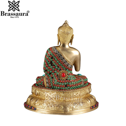 Brass Blessing Gem Stone Work Multicolored Buddha Weight 4.4 kg & Height 11 Inch