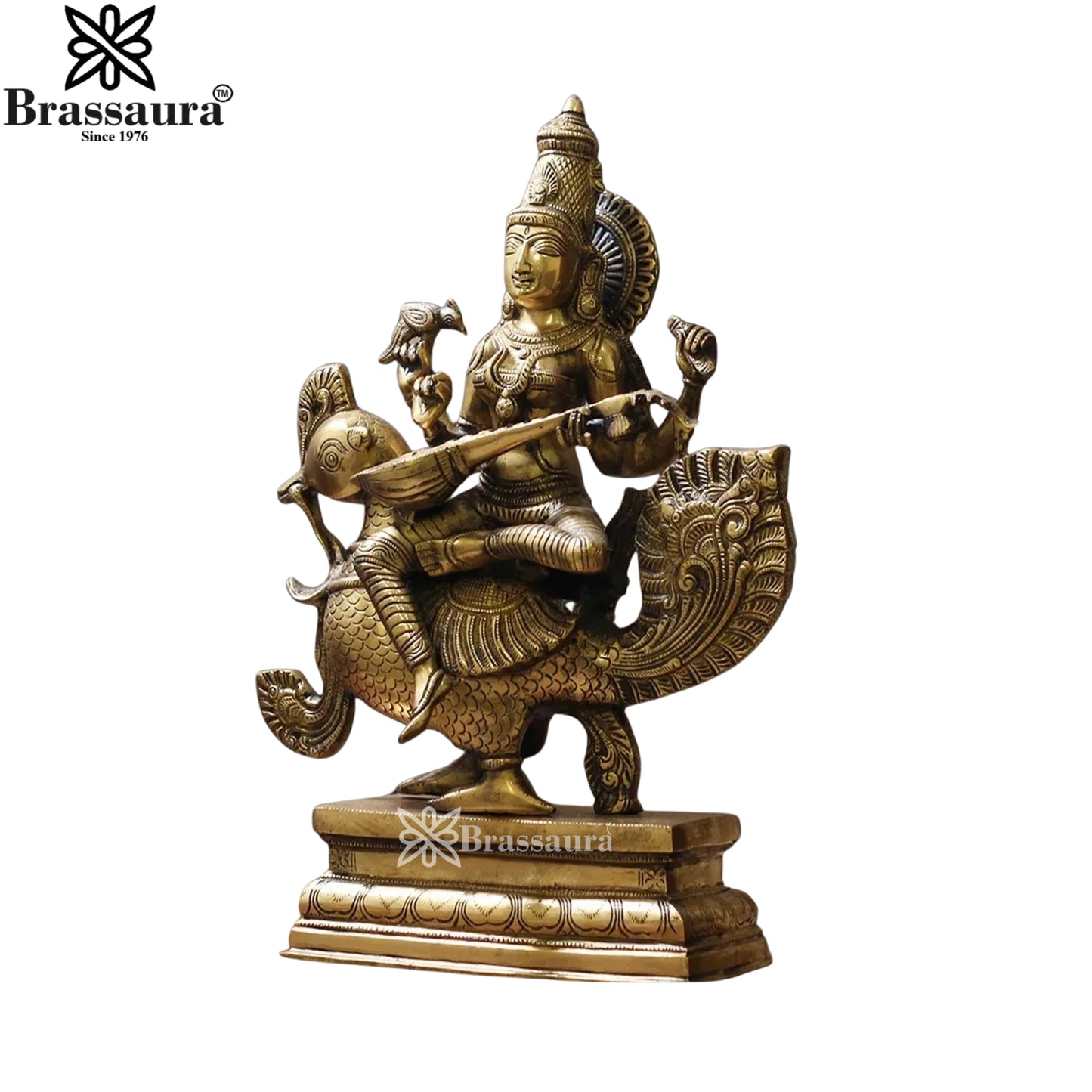 Brassaura™ Brass Saraswati Mata Murti – Height 19 Inches & Weight 15 Kgs | Puja & Worship Idol