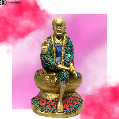 Brass Gem Stone Work Sai Baba Murti for Home and Decor Show Piece for Living Room Height 23 cm Weight 2.4 Kg