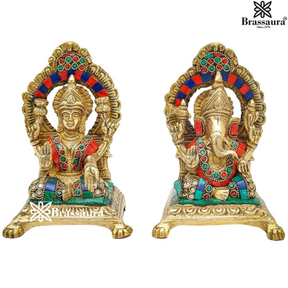 Brass Gem Stone Work Lakshmi Ganesh Weight 3 Kg & Height 6 Inch