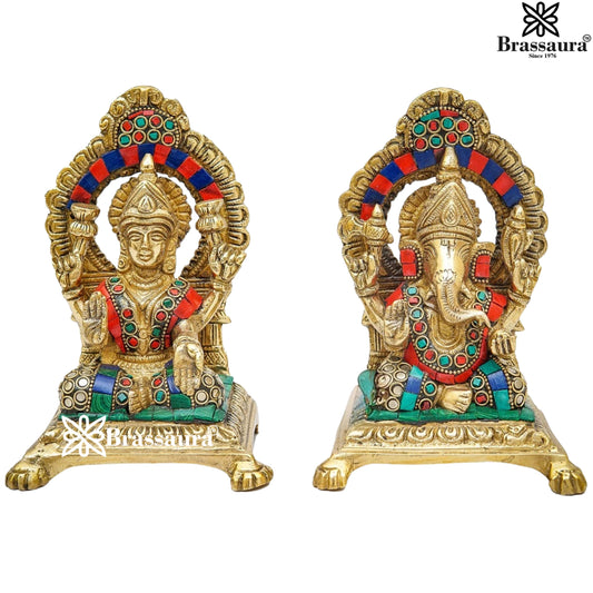 Brassaura® Gemstone Work Lakshmi Ganesha Brass Idol Set with Prabhavali Arch | Handmade Brass Murti Pair | Height 6 Inches