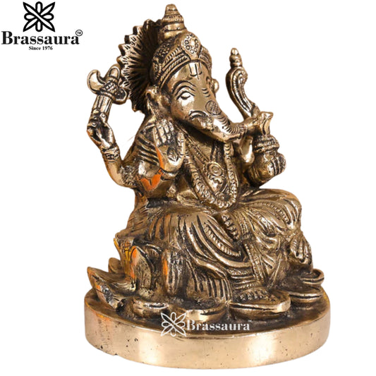 Brassaura® Classic Seated Ganesha Brass Idol | Traditional Blessing Form | Height 6 Inches