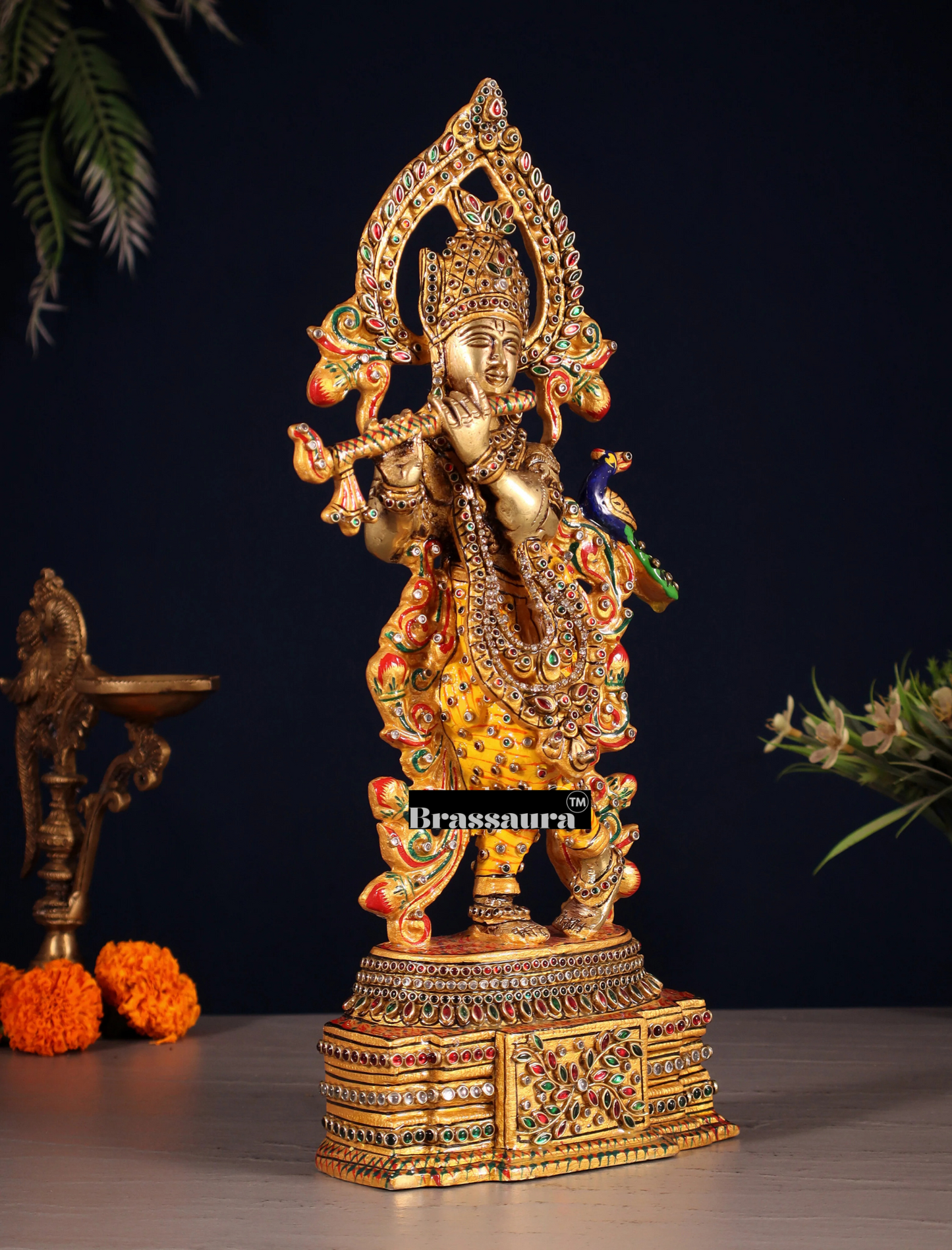 BrassAura™ Pure Brass Lord Krishna Statue – Laakh Meenakari Work | Height 13.5 Inch | Weight 3.3 Kg