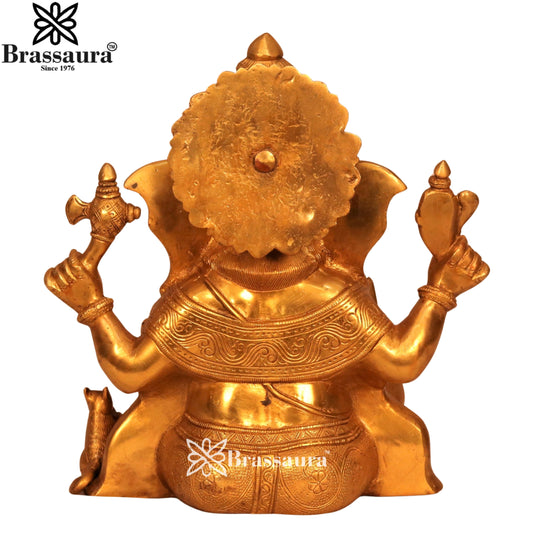 Brassaura® Golden Brass Sitting Lord Ganesha with Mushak | Brass Idol | Height 12.5 Inches