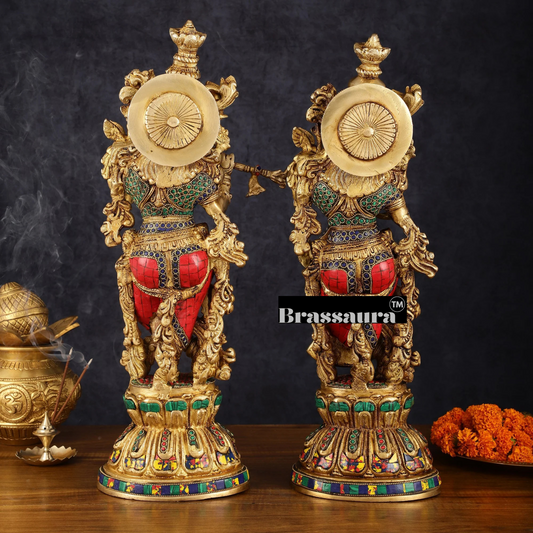 Brassaura™ Brass Radha Krishna Statues – 21 Inch Height, 18 Kg Pair | Handcrafted Indian Home Decor