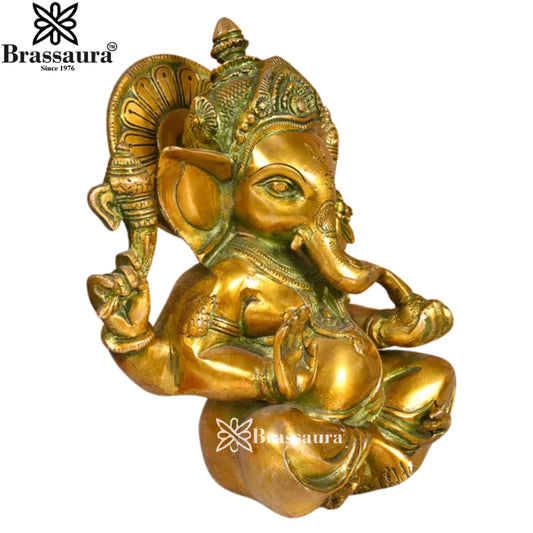 Brassaura® Golden Finish Seated Ganesha Brass Idol | Detailed Traditional Form | Height 8 Inches