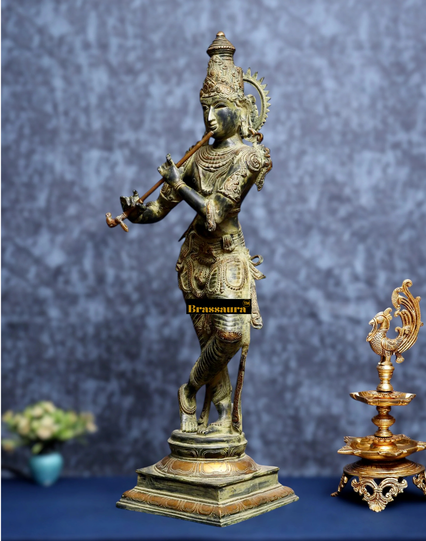 BrassAura™ Brass Krishna Statue – Green Algae Finish | Height 35 Inch | Weight 19 Kg