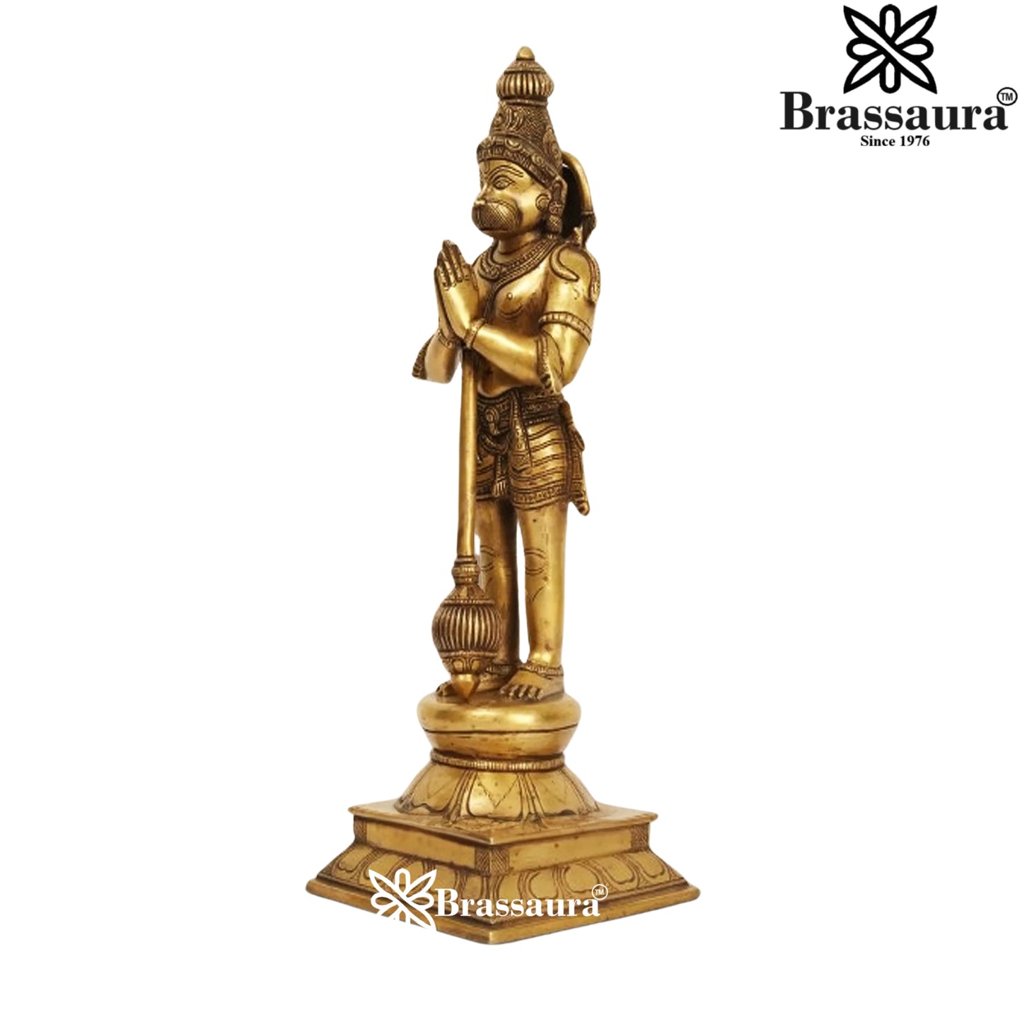 Brassaura® Hanuman Standing Namaskar Pose Idol with Golden Brass Finish | Pure Superfine Brass Handcrafted Murti | Brass Statue for Home Temple, Pooja Room | Height 16 Inches | Weight 4.38 Kgs