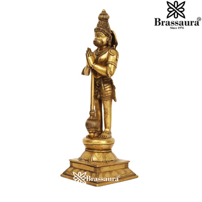 Brassaura® Hanuman Standing Namaskar Pose Idol with Golden Brass Finish | Pure Superfine Brass Handcrafted Murti | Brass Statue for Home Temple, Pooja Room | Height 16 Inches | Weight 4.38 Kgs