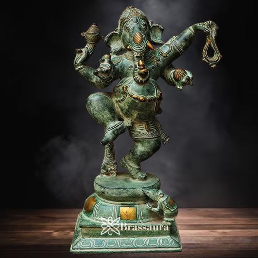 Brass Antique Ganesha Statue Weight 10.5 Kg & Height 17.5 Inch