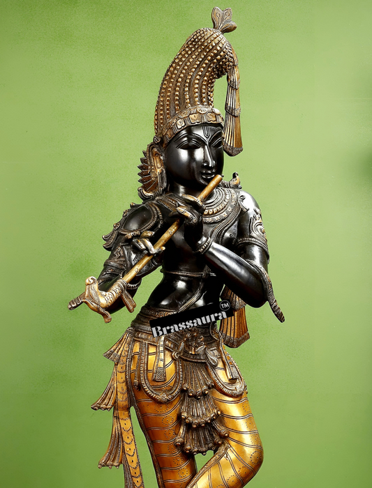 Brassaura® Superfine Brass Krishna Murlidhar Idol | Black Antique Finish Lord Krishna Murti | Pure Solid Brass for Home Temple, Spiritual Décor & Gifting | Height 36 Inches | Weight 27 Kg