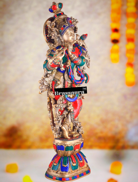 Brassaura® Lord Krishna Playing Flute Idol with Multicolor Gemstone Work Finish | Pure Superfine Brass Handcrafted Murti | Brass Statue for Home Temple, Pooja Room, Spiritual Décor & Luxury Gifting | Height 30 Inches | Weight 17.5 Kg