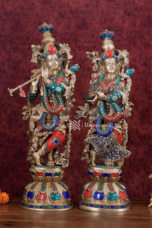 Brassaura™ ब्रास राधा कृष्ण युगल मूर्ति डबल-लेयर्ड मीनाकारी के साथ - ऊंचाई 25.5 इंच और वज़न 25 किग्रा | सुंदर भक्ति प्रतिमा