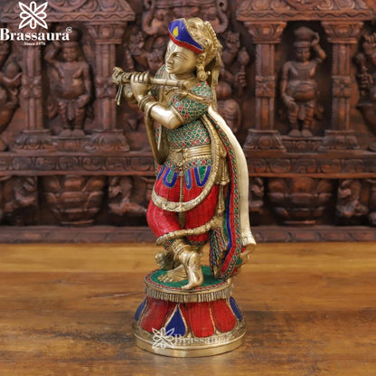 Brass Gem Stone Work Krishna Murti Weight 9.84 Kg And Height 18.5 Inch