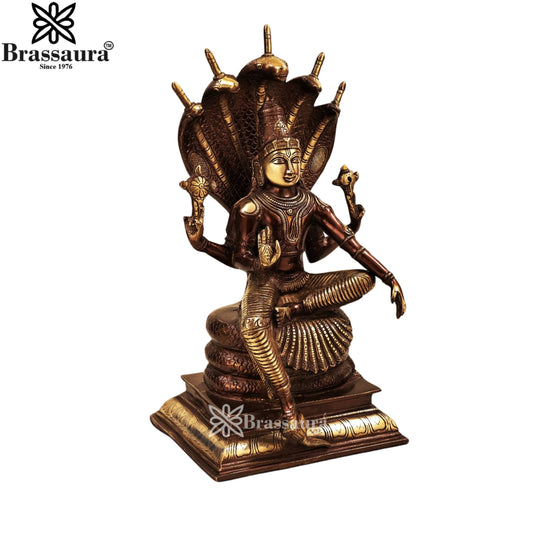 Brassaura® Antique Finish Vishnu Sitting on Seshnaag Brass Statue | Pure Brass | Height 16 Inches