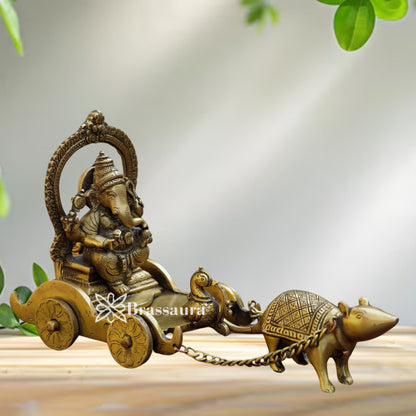 Brass Ganesha On Mushak Chariot Weight 2.2 Kg & Height 7 Inch