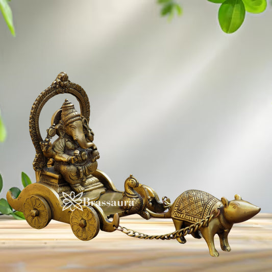 Brass Ganesha On Mushak Chariot Weight 2.2 Kg & Height 7 Inch