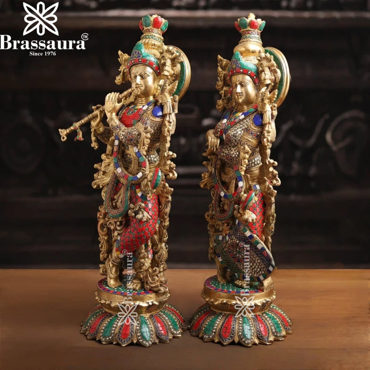 Brass Gem Stone Work Radha Krishna Murti Weight 37.62 Kg And Height 26 Inch
