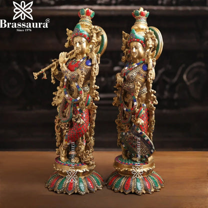 Brass Gem Stone Work Radha Krishna Murti Weight 37.62 Kg And Height 26 Inch