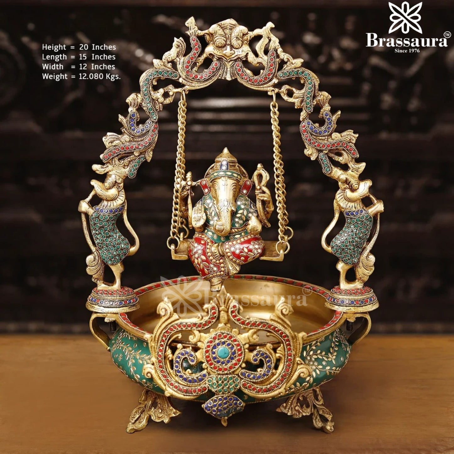 Brass Gem Stone Work Ganesha Urli Statue Weight 12.08 Kg And Height 20 Inch