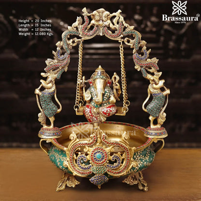 Brass Gem Stone Work Ganesha Urli Statue Weight 12.08 Kg And Height 20 Inch