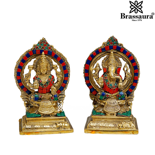 Brassaura® Lakshmi Ganesha Brass Idol Pair with Color Stone Inlay | Handcrafted Decorative Murti Set | Height 7 Inches