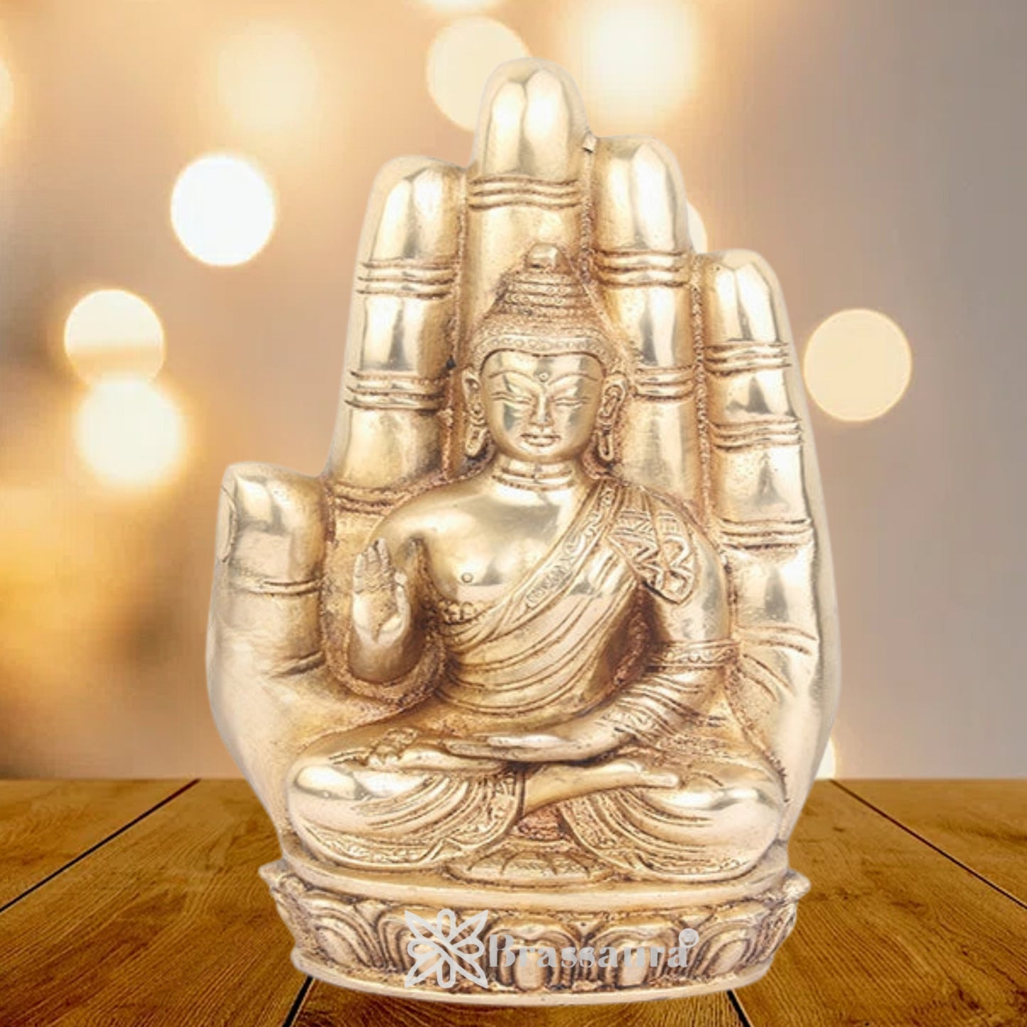 Brass Buddha setting in Hand Weight 2.5 Kg & Height 9 Inch