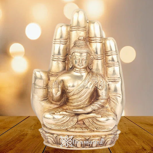 Brass Buddha setting in Hand Weight 2.5 Kg & Height 9 Inch