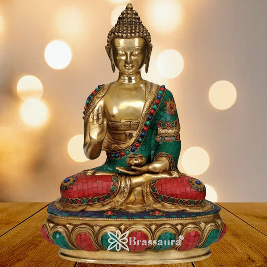 Brass Blessing Gem Stone Work Buddha  Weight 11 kg & Height 17.5 Inch