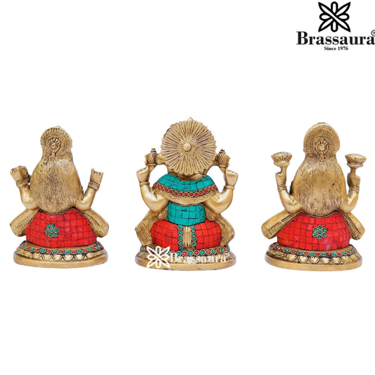Brassaura® Gemstone Work Lakshmi Ganesh Idol with Antique Brass & Multicolor Finish | Pure Superfine Brass Handcrafted Murti | Brass Statue for Home Temple, Pooja Room | Height 8 Inches | Weight 8.5 Kgs