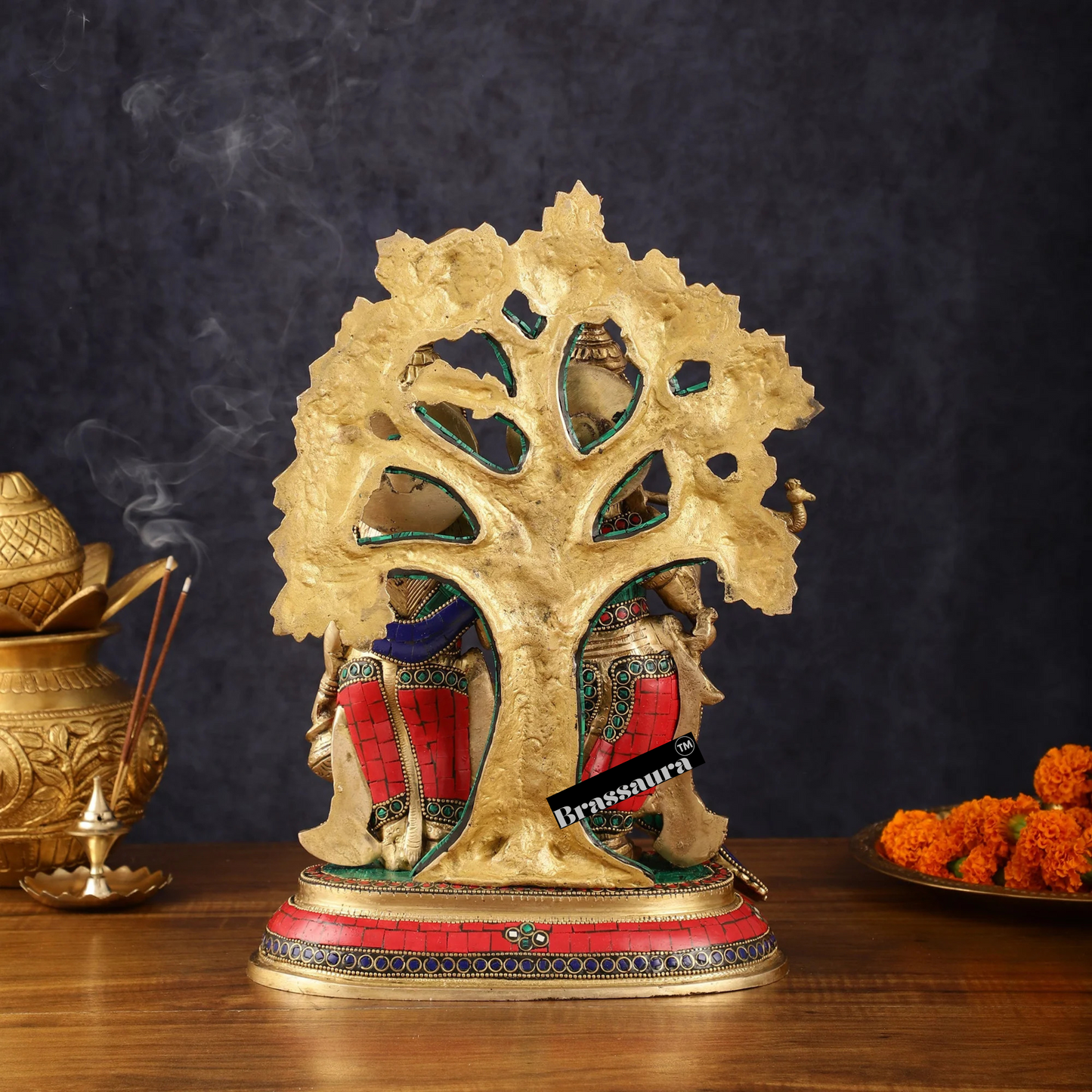 Brassaura™ Pure Superfine Brass Radha Krishna Idols with Kalpavriksha & Peacock – 14 Inch Height, 8.5 Kg Pair | Intricate Meenakari Stonework