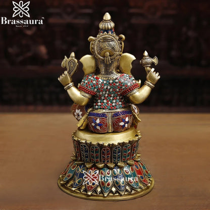 Brass Gem Stone Work Ganesha Weight 9.8 Kg & Height 14.5 Inch
